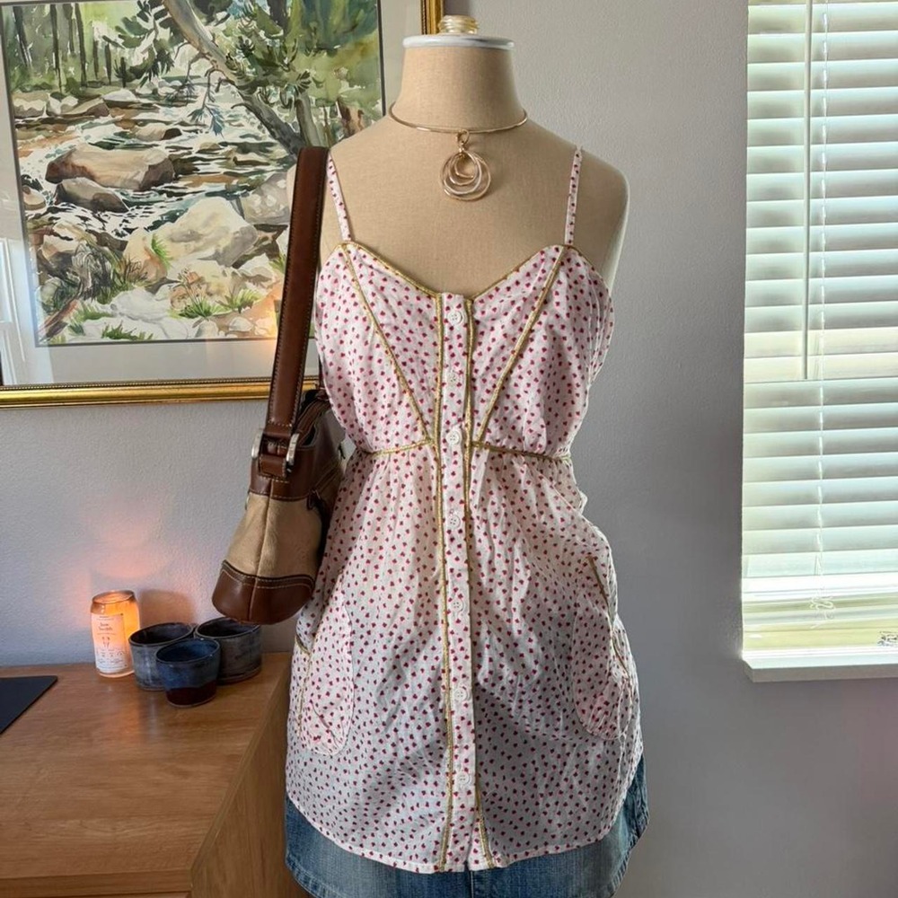 West 36th Vintage Cottagecore Babydoll Blouse Red Clover White Y2K Cami Large